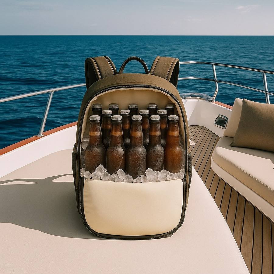 FROSTY Backpack Cooler on the bow of a boat