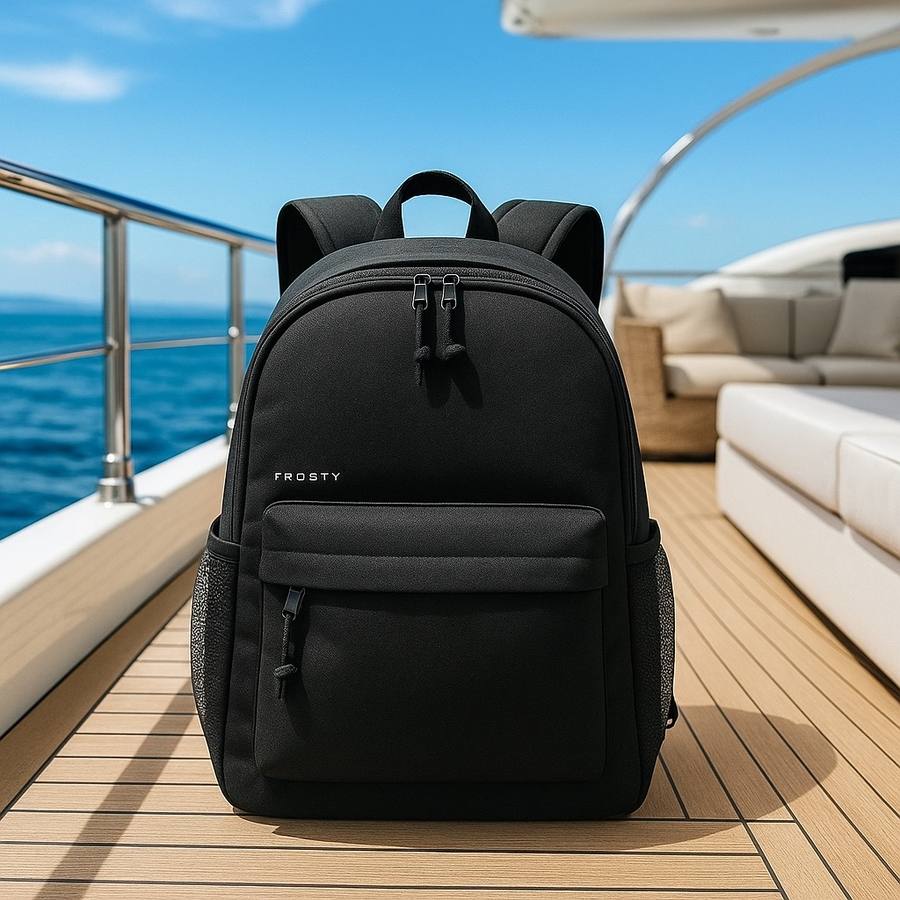 FROSTY Backpack Cooler on a boat deck