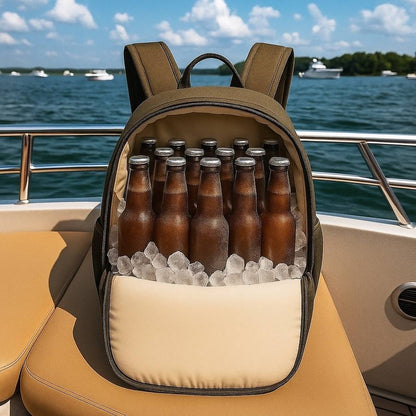 FROSTY Backpack Cooler open with iced drinks on a boat seat