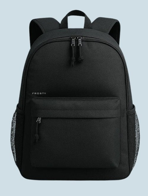 FROSTY Backpack Cooler closed, looks like an everyday black backpack