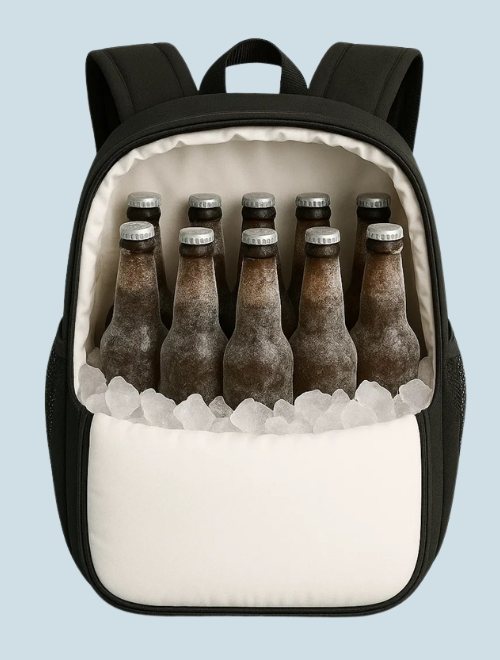 FROSTY Backpack Cooler open, loaded with 24 iced bottles