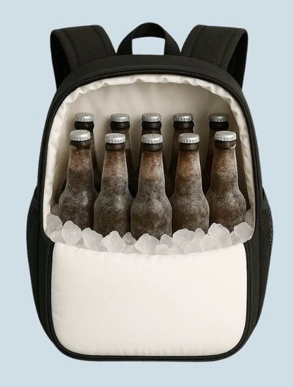 FROSTY Backpack Cooler open, loaded with 24 iced bottles